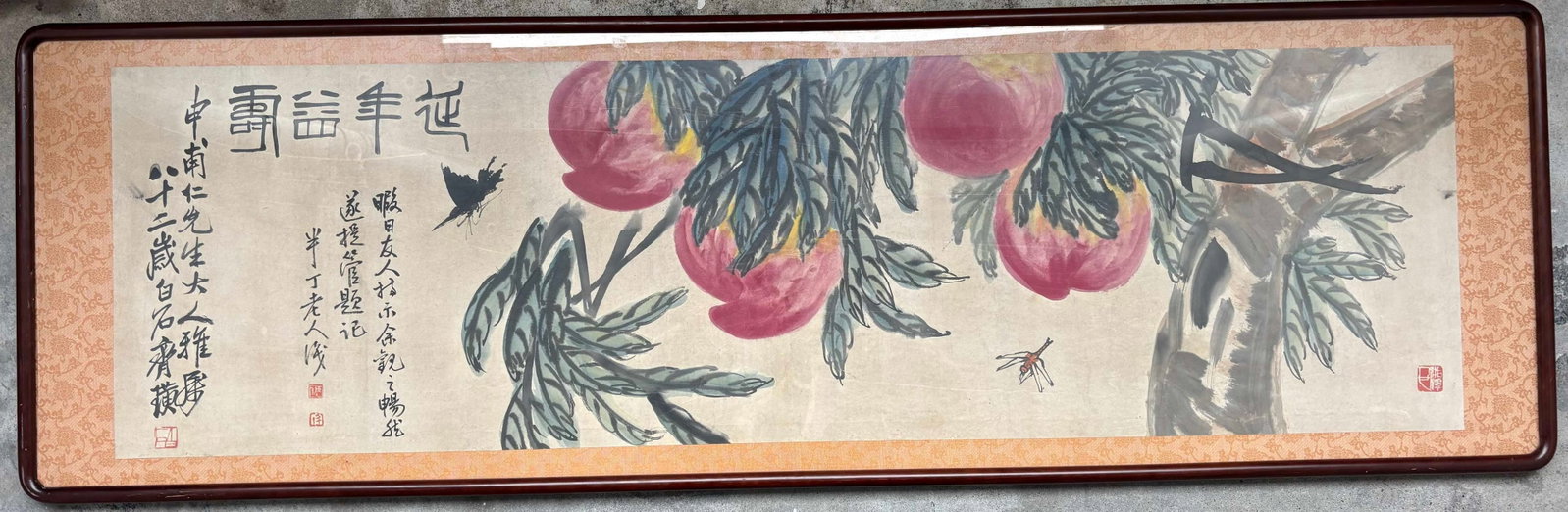 A Chinese Ink Painting of Peach on Paper With Frame,Qi Baishi: A Chinese Ink Painting of Peach on Paper With Frame,Qi Baishi,Size:(Without frame)15.4inx53.1in一幅中国水墨寿桃图带画框,齐
