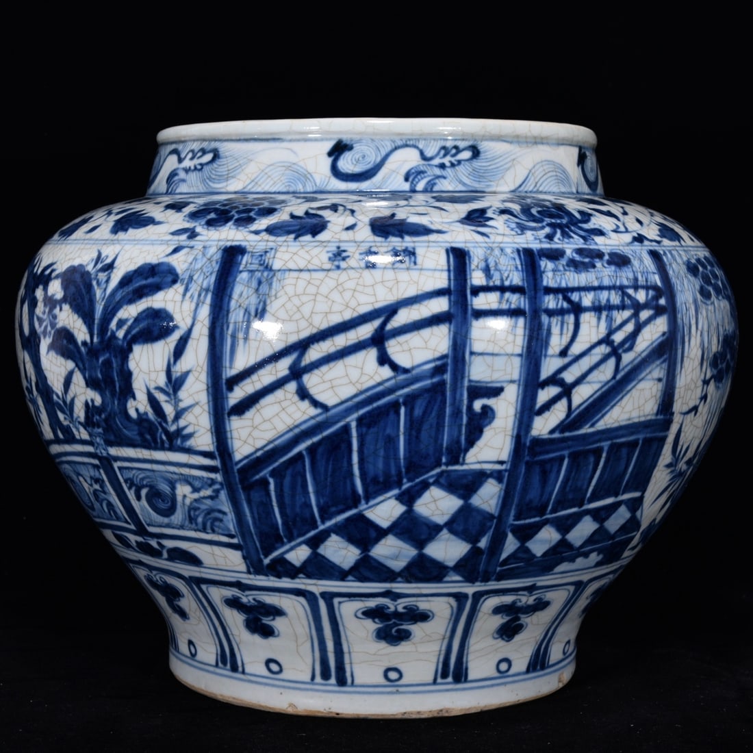 An Exquisite Blue and White Character and Story Pattern Jar: An Exquisite Blue and White Character and Story Pattern Jar Yuan Dynasty, China Size:10.2inx13.4in青花锦香亭人物罐 中国元代 Size