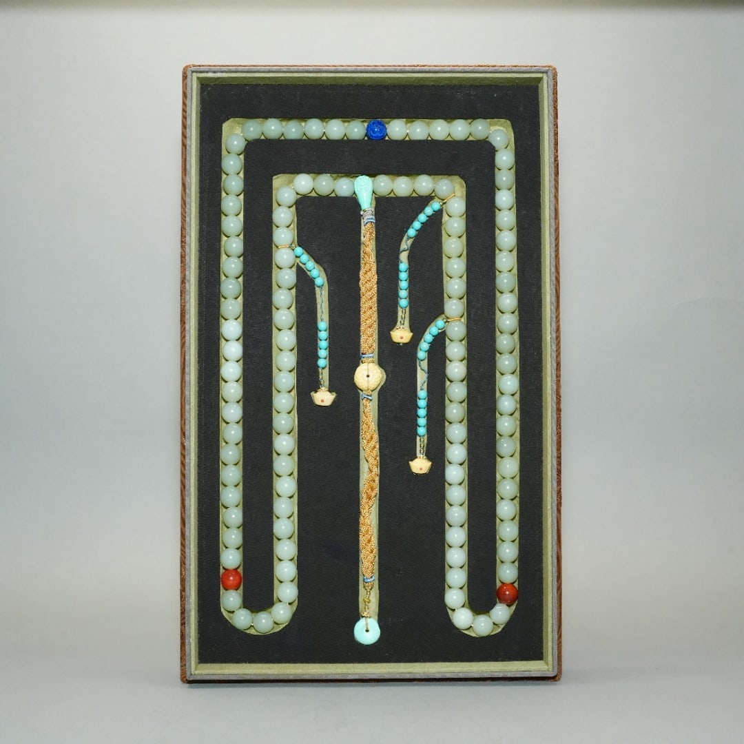 An Exquisite Greenish Jade Necklace,With Turquoise: An Exquisite Greenish Jade Necklace,With Turquoise,Qing Dynasty,China,Size:0.6in,Weight:510g青白玉项链,配绿松石,中国清代,S