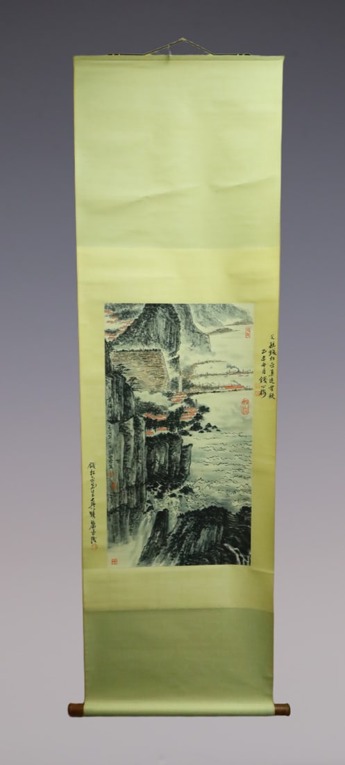 An Exquisite Chinese Vertical Scroll Ink Painting of Landscape on Pape: An Exquisite Chinese Vertical Scroll Ink Painting of Landscape on Pape Qian songyanSize:31.5inx17.3in钱松岩 山水 纸本立轴Size:80cmx44cm