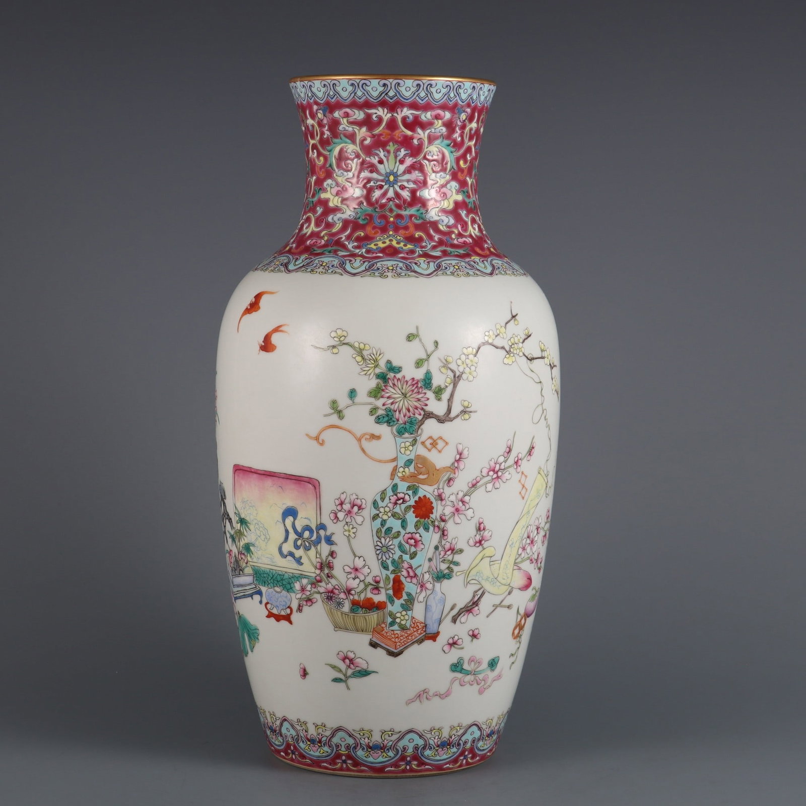 A Rare Famille-Rose Bats and Peach Pattern Lotus Pattern Vase: A Rare Famille-Rose Bats and Peach Pattern Lotus Pattern Vase Qing Dynasty, China Qianlong Six-character MarkSize:13.3inx6.3in粉彩福寿纹缠枝莲纹&#