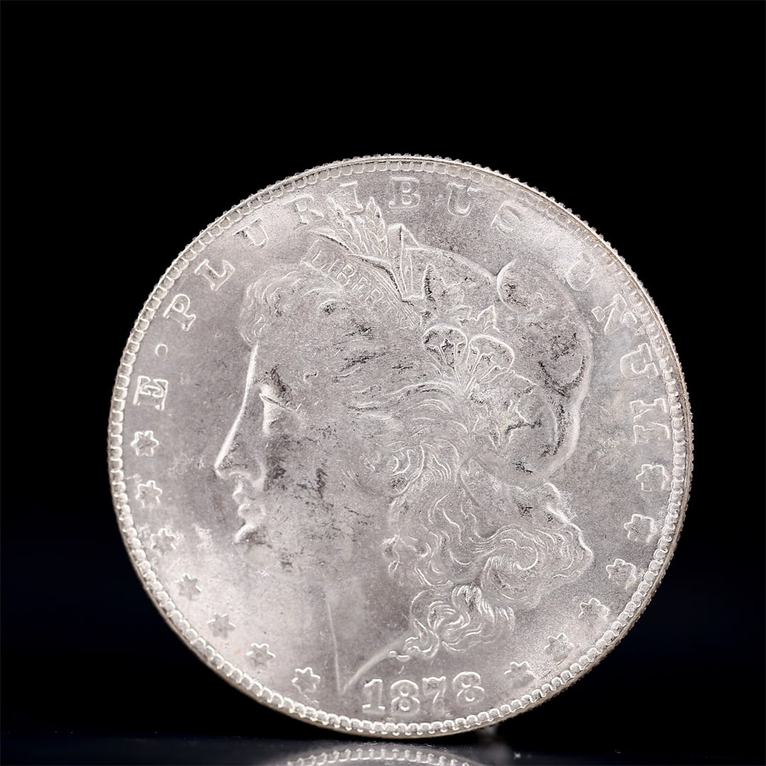 USA Morgan Dollar 1878 Coin: Obv: profile bust with date below and E PLURIBUS UNUM legend and stars around. Rev: eagle with In God we trust above within wreath with UNITED STATES OF AMERICA ONE DOLLAR legend. IN GOD WE TRUST / LI