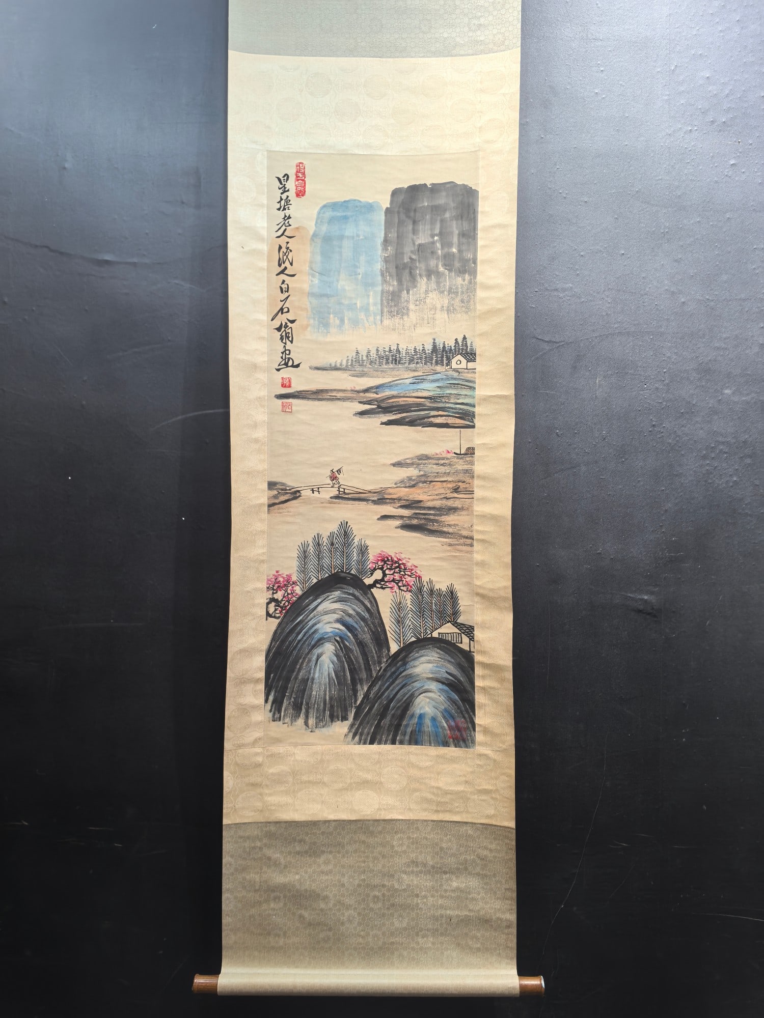 A Chinese Vertical Scroll Ink Painting of Landscape and Figure on Paper,Qi Baishi: A Chinese Vertical Scroll Ink Painting of Landscape and Figure on Paper,Qi BaishiSize:15.4inx109m一幅中国水墨山水人物画立轴