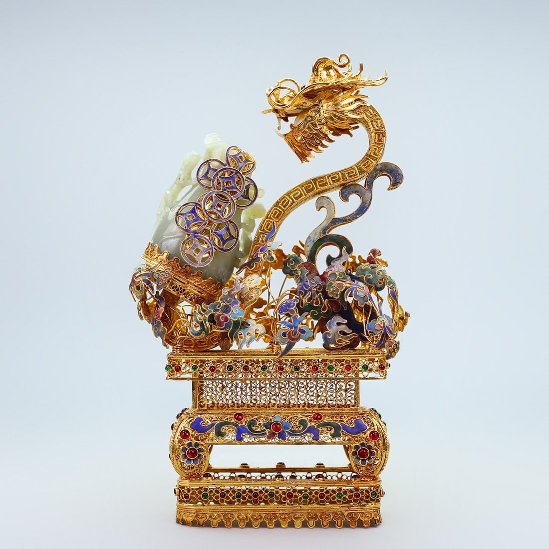 An Exquisite Filigree and Gilding Inlaid White Jade Dragon-head Ornament,Inlaid Gems: An Exquisite Filigree and Gilding Inlaid White Jade Dragon-head Ornament,Inlaid Gems,Qing Dynasty,China,Qianlong Four-character Mark,Size:11inx6.7inx3.1in,Weight:815g花丝鎏金&#