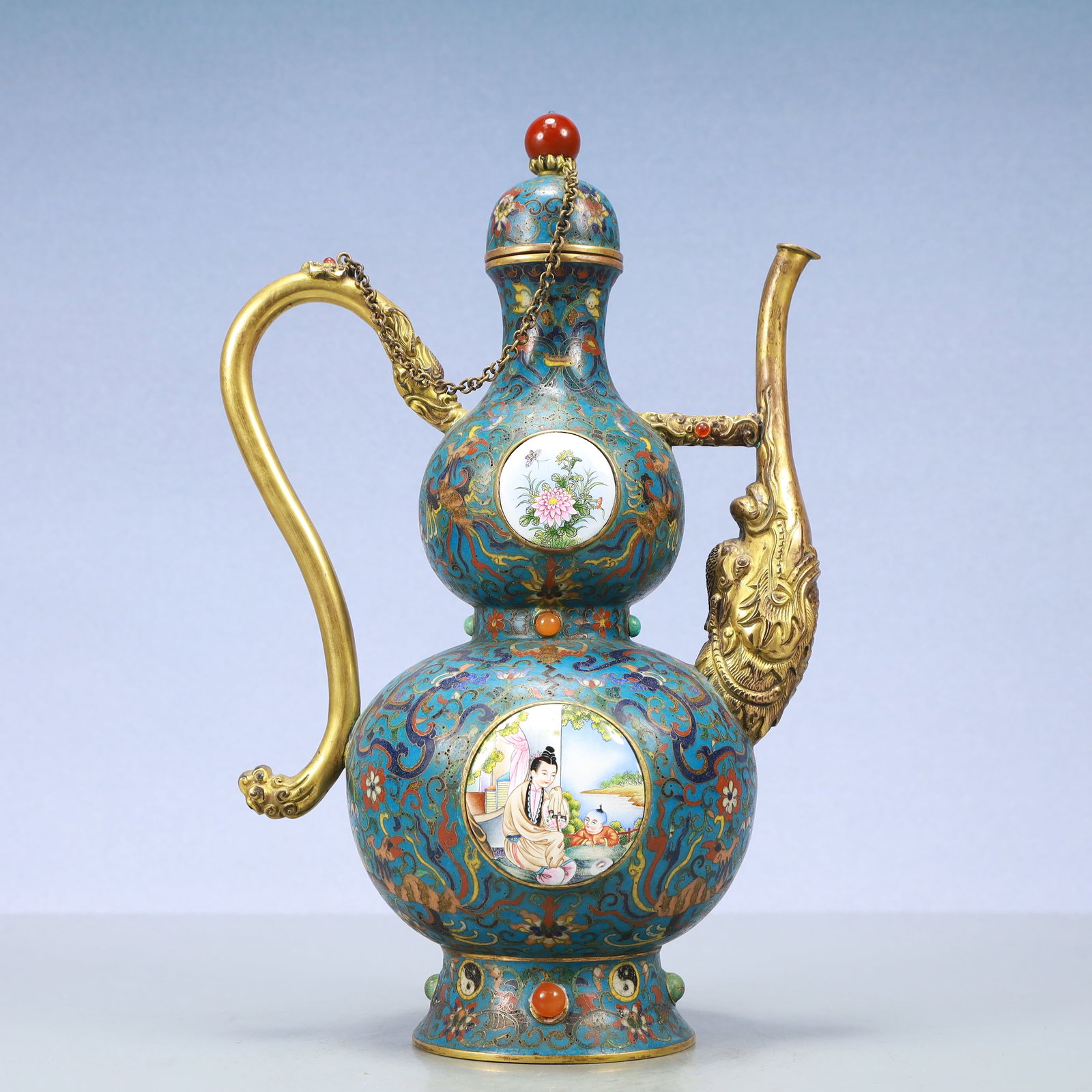 A Exquisite Cloisonne Lotus Pattern Phoenix Pattern Flower and Butterfly Pattern Character and Story: A Exquisite Cloisonne Lotus Pattern Phoenix Pattern Flower and Butterfly Pattern Character and Story Pattern Ewer Qing Dynasty, China Qianlong Four-character Mark Size:8.3inx5.5inx13.4in Weight:1800g&