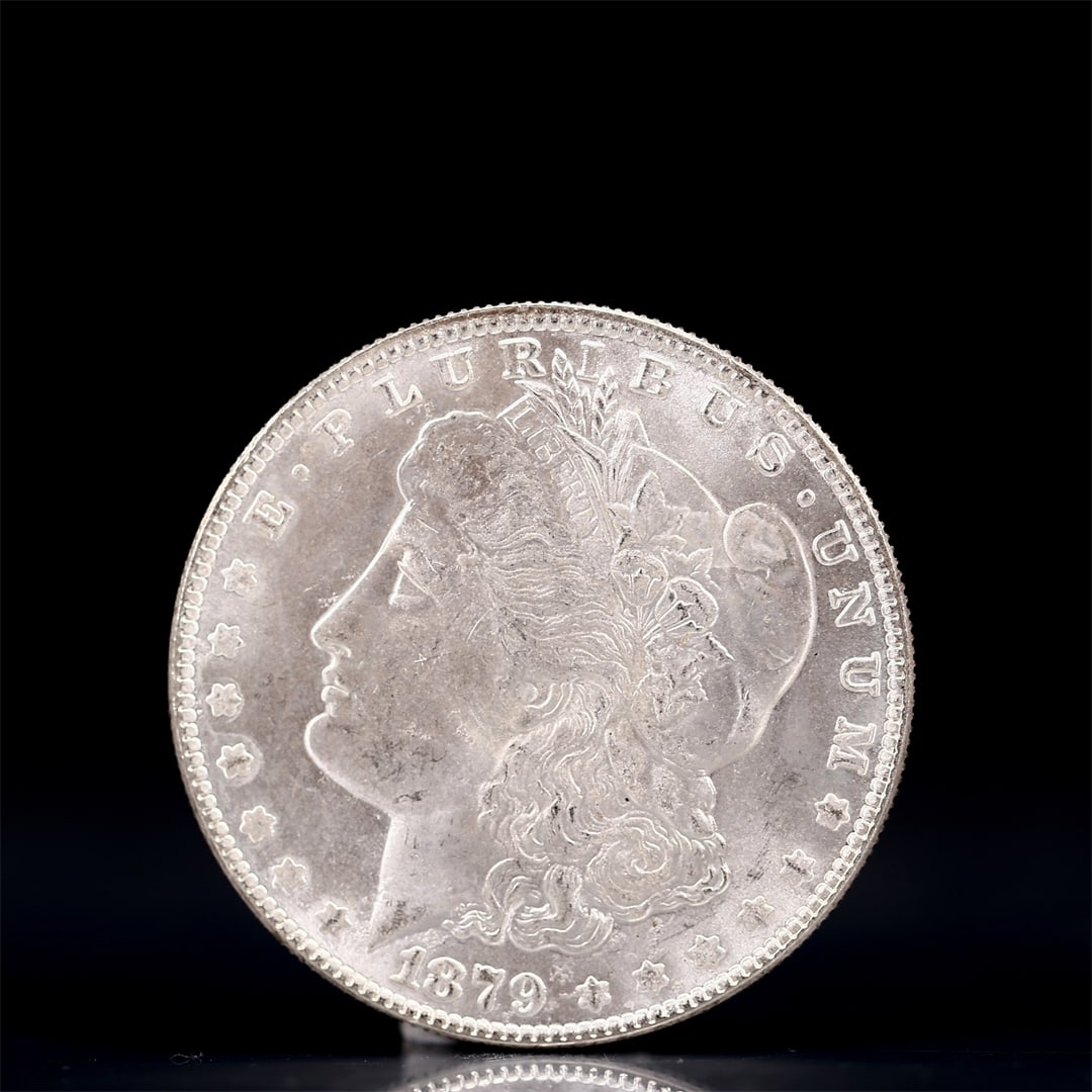 USA Morgan Dollar 1879 Coin: Obv: profile bust with date below and E PLURIBUS UNUM legend and stars around. Rev: eagle with In God we trust above within wreath with UNITED STATES OF AMERICA ONE DOLLAR legend. IN GOD WE TRUST / LI