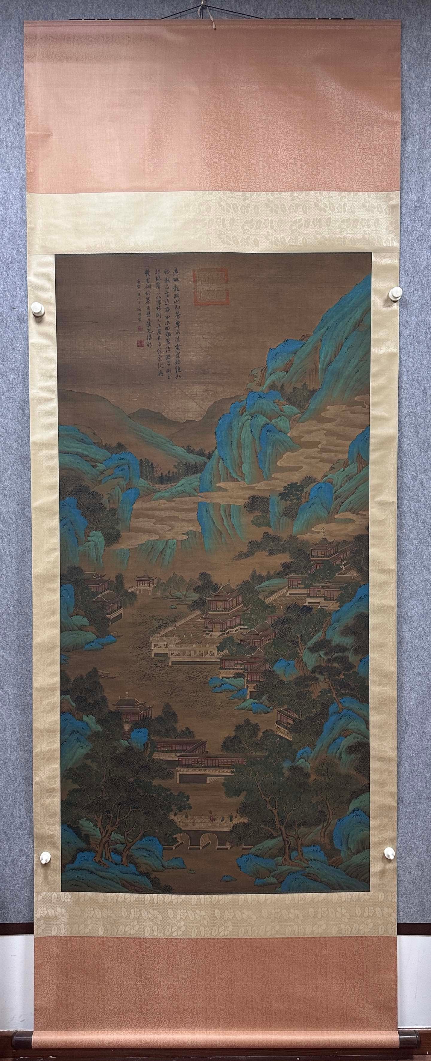 A Chinese Vertical Scroll Ink Painting of Landscape and Figure on Silk,Wen Zhengming: A Chinese Vertical Scroll Ink Painting of Landscape and Figure on Silk,Wen ZhengmingSize:(Without frame)35.4inx70.9in一幅中国水墨绢本山水