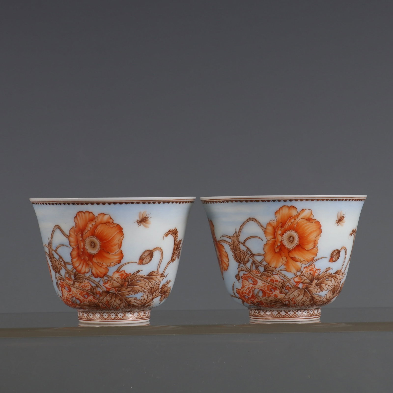 A Pair of Exquisite Iron-Red Flower Pattern Poem Cup: A Pair of Exquisite Iron-Red Flower Pattern Poem Cup Qing Dynasty, China Yongzheng Six-character MarkSize:2inx2.6in一对矾红花卉纹诗文杯 