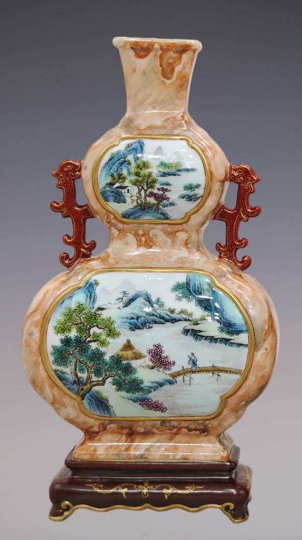 An Exquisite Imitation Stone Grain Glaze Landscape Pattern Double-Ears Vase: An Exquisite Imitation Stone Grain Glaze Landscape Pattern Double-Ears Vase Qing Dynasty, China Qianlong Six-character Mark Size:9.6inx4.9in石纹开窗山水纹