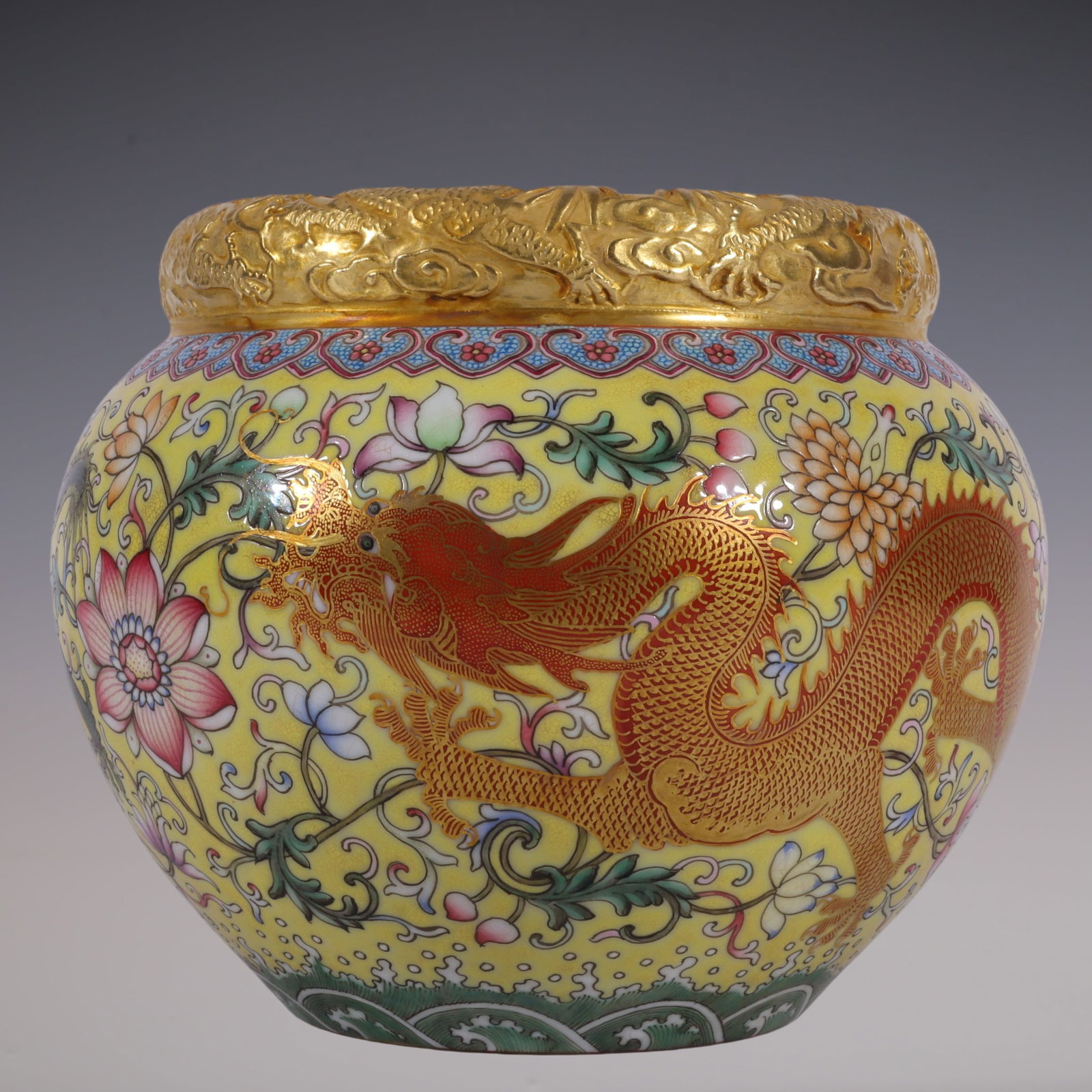 An Exquisite Enamel Lotus Pattern Dragon Pattern Seawater Pattern Brush Washer: An Exquisite Enamel Lotus Pattern Dragon Pattern Seawater Pattern Brush Washer Qing Dynasty, China Qianlong Four-character Mark