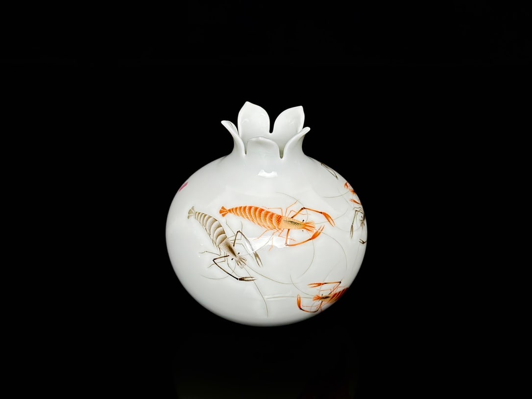 An Exquisite Ink Color Iron-Red Glazed Painted Gold Shrimp Pattern Pomegranate-Shaped Vase,With Poem: An Exquisite Ink Color Iron-Red Glazed Painted Gold Shrimp Pattern Pomegranate-Shaped Vase,With Poem,Qing Dynasty,China,Yongzheng Four-character