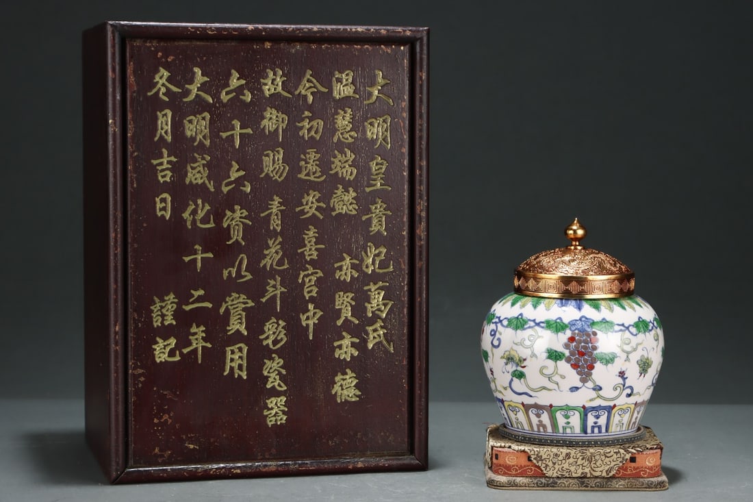 An Exquisite Doucai Grapes Pattern Jar: An Exquisite Doucai Grapes Pattern Jar Ming Dynasty, China Size:6.6inx5.8in斗彩葡萄蝴蝶纹天字罐 中国明代