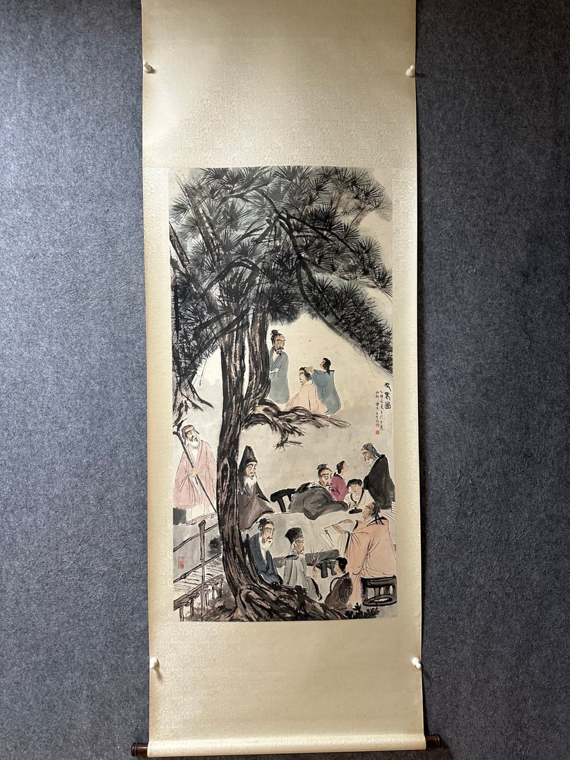 A Chinese Vertical Scroll Ink Painting of Character and Story on Paper,Fu Baoshi: A Chinese Vertical Scroll Ink Painting of Character and Story on Paper,Fu