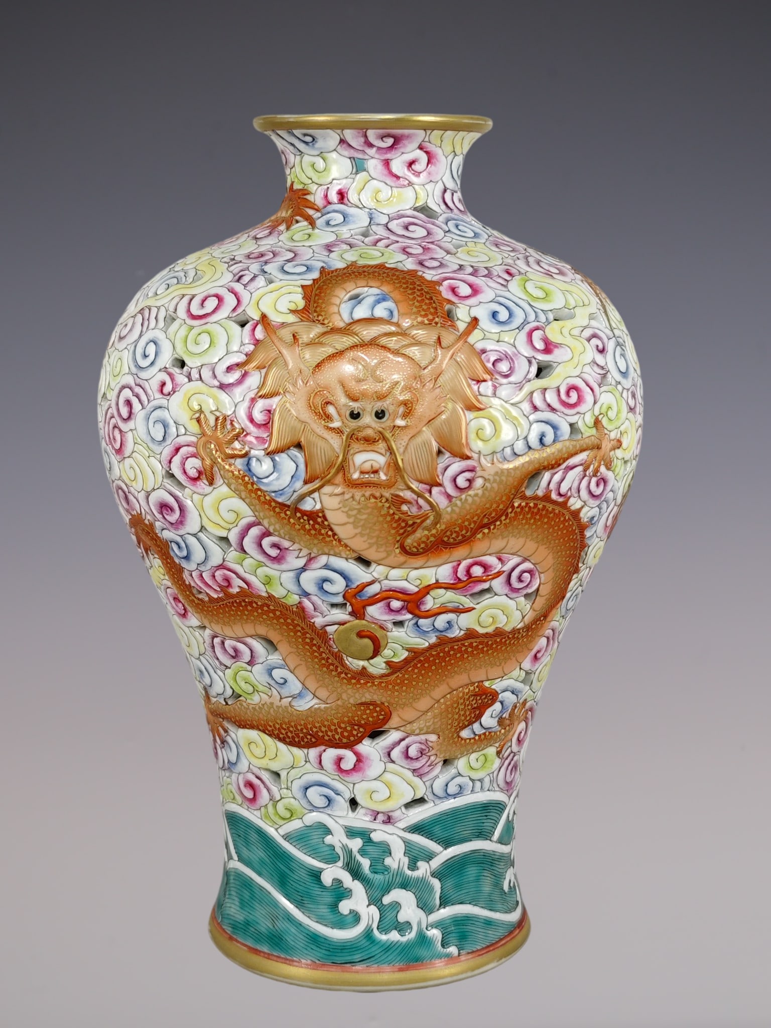 An Exquisite Famille-Rose Dragon Pattern Seawater Pattern Vase: An Exquisite Famille-Rose Dragon Pattern Seawater Pattern Vase Qing Dynasty, China Qianlong Six-character Mark Size:12.2inx7.9in粉彩龙纹梅瓶 中国清