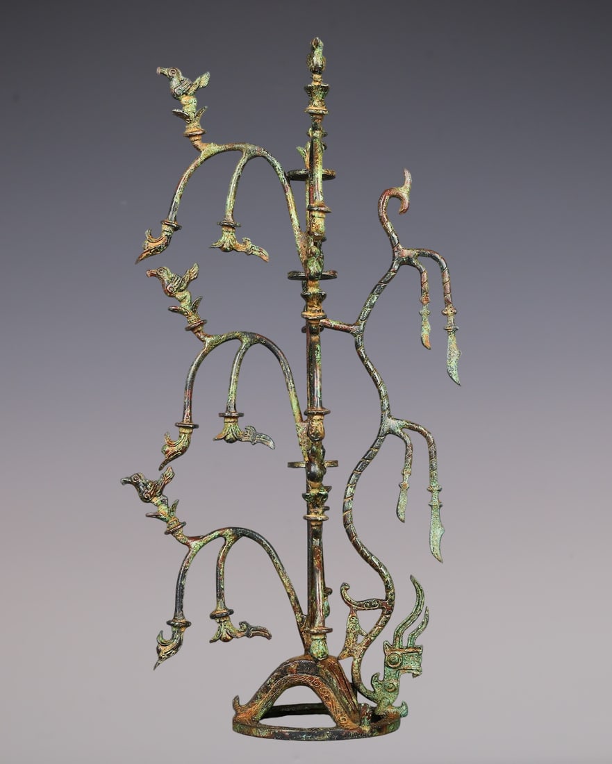 An Archaic Bronze Bird Pattern Sacred Tree: An Archaic Bronze Bird Pattern Sacred Tree,Han Dynasty,China,Size:8.7inx17.3in,Weight:1600g青铜鸟纹神树,中国汉代,Size:22cmx44cm,Weight:1600g