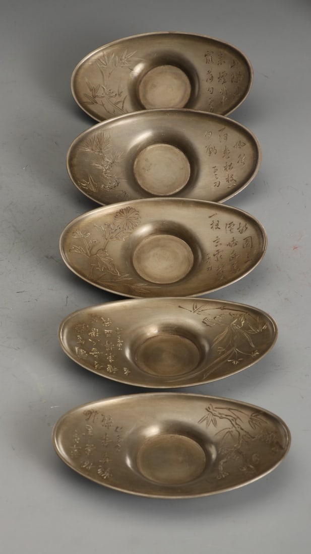 A Set of Fine Tin Plum Blossom,Orchid Bamboo and Chrysanthemum Pattern Ingot-Shaped Trays,With Poem (1 of 9)