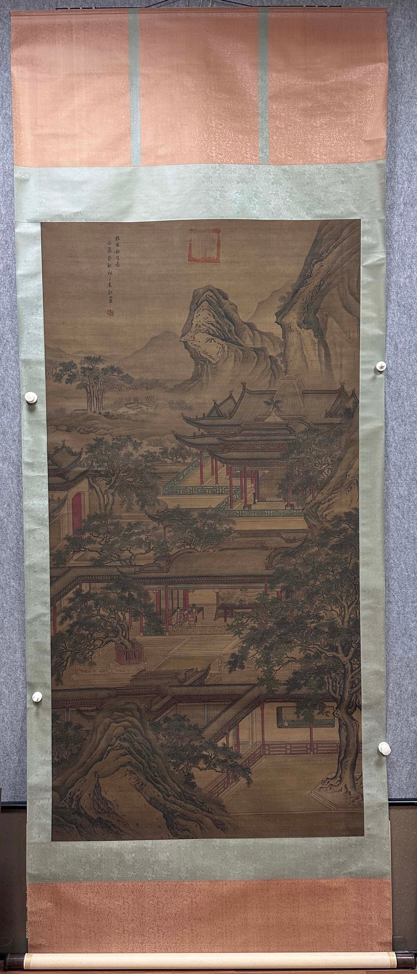 A Chinese Vertical Scroll Ink Painting of Landscape and Figure on Silk,Yuan Jiang: A Chinese Vertical Scroll Ink Painting of Landscape and Figure on Silk,Yuan JiangSize:(Without frame)39inx76in一幅中国水墨绢本山水人&#