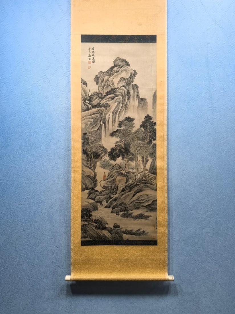 A Chinese Vertical Scroll Ink Painting of Landscape and Figure on Paper,Tang Yin: A Chinese Vertical Scroll Ink Painting of Landscape and Figure on Paper,Tang YinSize:(Without frame)15.9inx41.7in一幅中国水墨山水人物画