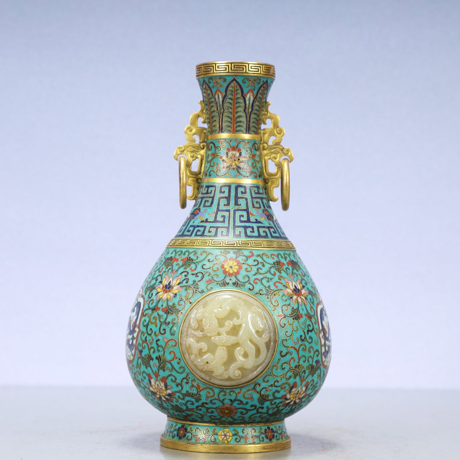 A Exquisite Cloisonne Inlaid White Jade Lotus Pattern ?????Dragon Pattern Double-Ears Vase: A Exquisite Cloisonne Inlaid White Jade Lotus Pattern ?????Dragon Pattern Double-Ears Vase Qing Dynasty, China Qianlong Four-character Mark Size:5.5inx10.4in Weight:1550g景泰蓝॔