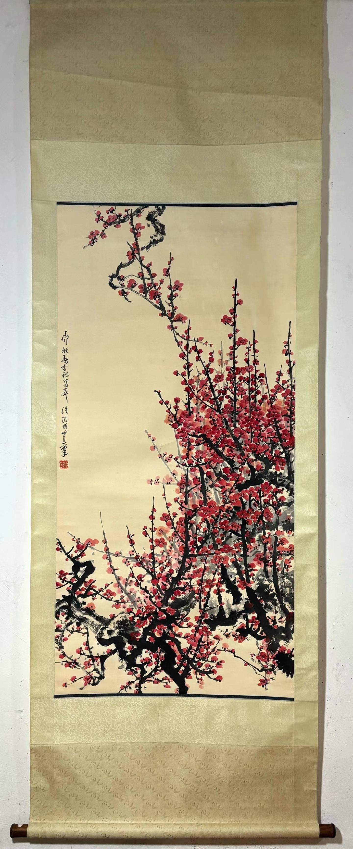A Chinese Vertical Scroll Ink Painting of Plum Blossom on Paper,Guan Shanyue: A Chinese Vertical Scroll Ink Painting of Plum Blossom on Paper,Guan Shanyue,Size:(Without frame)53.5inx26in一幅中国水墨梅花图立轴,
