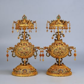 A Pair of Rare Filigree and Gilding Inlaid Gems Dragon Pattern Dragon-Ears Ornaments