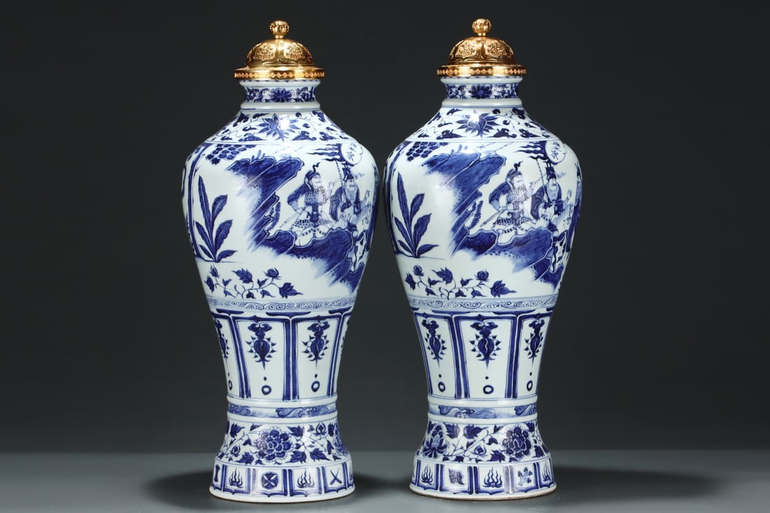 An Exquisite Blue and White Character and Story Pattern Lotus Pattern Vase: An Exquisite Blue and White Character and Story Pattern Lotus Pattern Vase Yuan Dynasty, China Size:24.8inx10.4in青花人物故事鎏金盖梅瓶