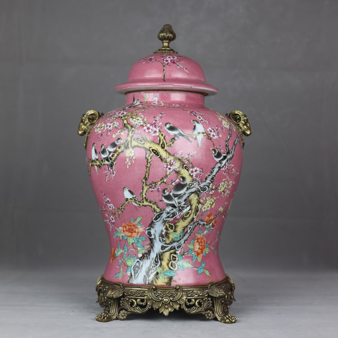 A Huge Pink Ground Famille-Rose Inlaid Bronze Flower and Bird Pattern Sheep-Ears Cover Jar,With Poem: A Huge Pink Ground Famille-Rose Inlaid Bronze Flower and Bird Pattern Sheep-Ears Cover Jar,With Poem,Qing Dynasty,China,Qianlong Four-character Mark,Size:20.1inx11.8inx9.8in粉地粉