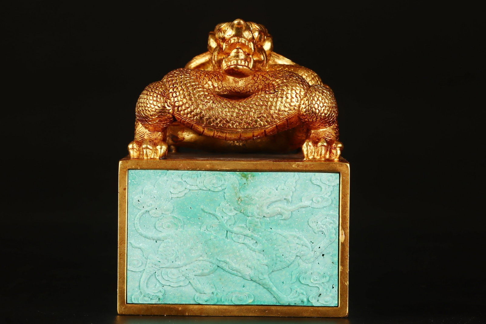 An Exquisite Gilt Bronze Inlaid Turquoise Auspicious Cloud and Dragon Pattern Seal: An Exquisite Gilt Bronze Inlaid Turquoise Auspicious Cloud and Dragon Pattern Seal,Qing