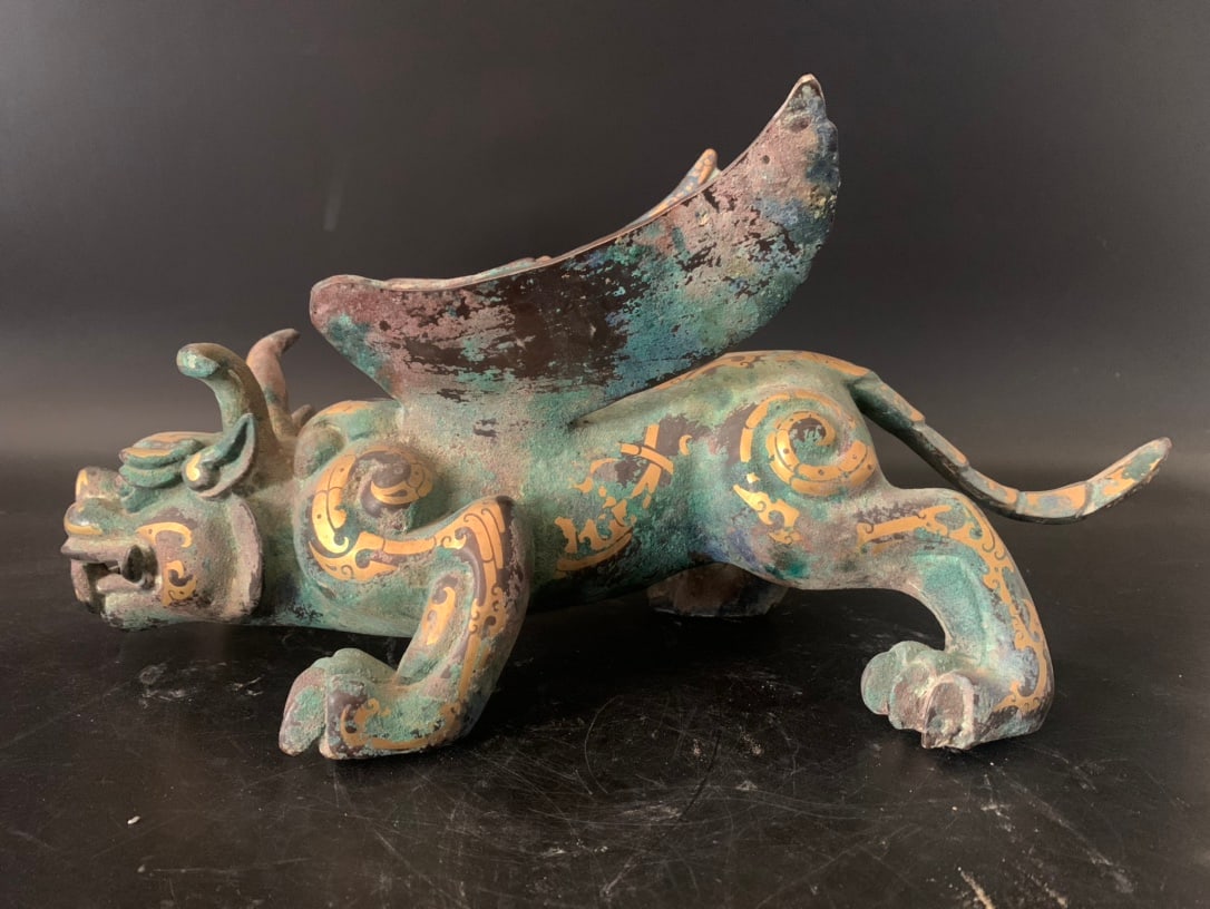 A Rare Bronze Inlaid Gold Auspicious Beast Ornament: A Rare Bronze Inlaid Gold Auspicious Beast Ornament,Qing