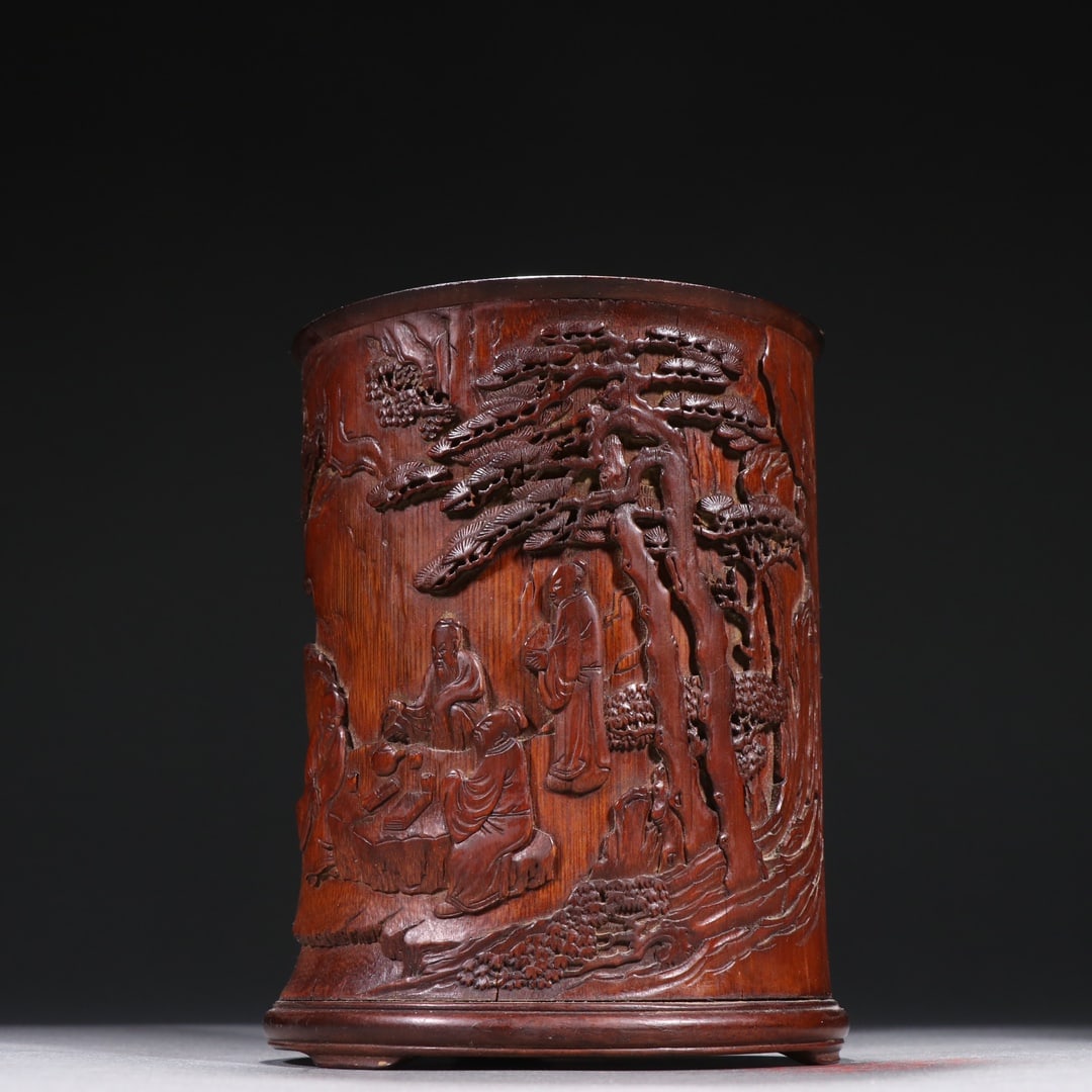 An Exquisite Bamboo Character and Story Pattern Tripod Brush Pot,With Poem: An Exquisite Bamboo Character and Story Pattern Tripod Brush Pot,With Poem,Qing