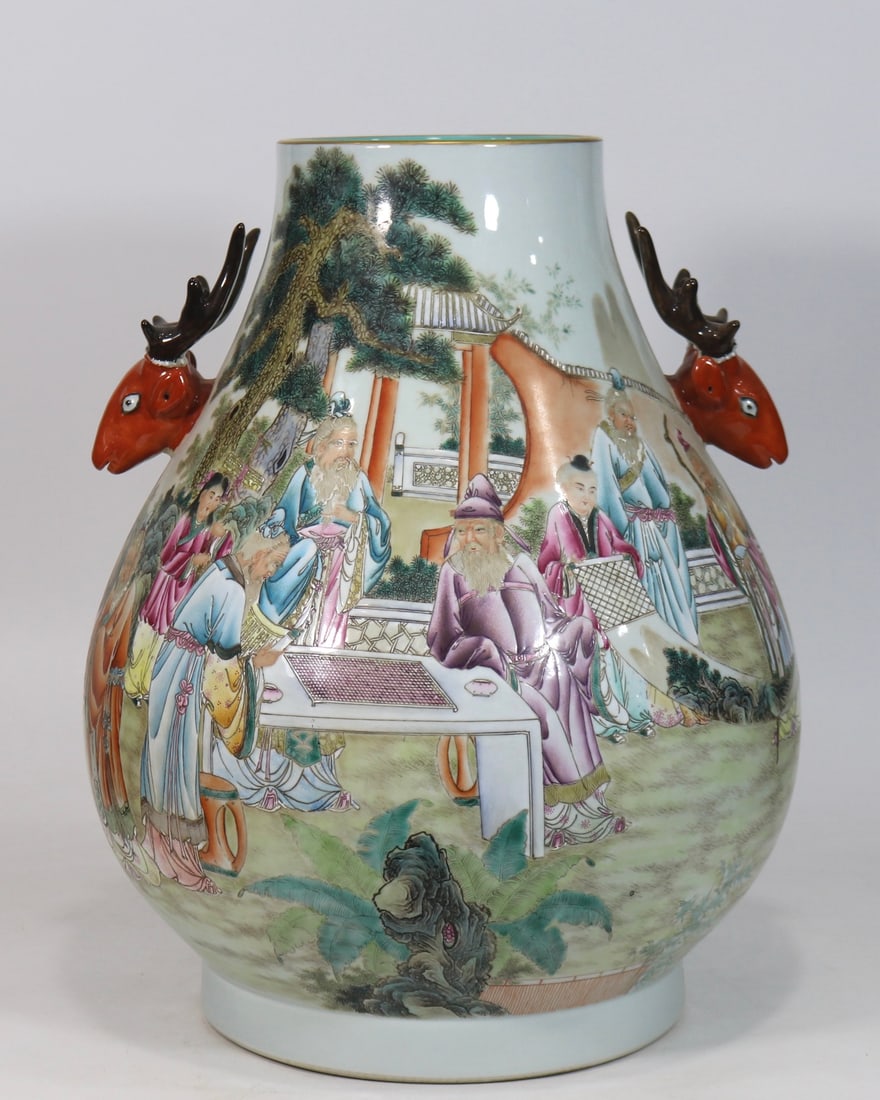 A Huge Famille-Rose Painted Gold Character and Story Pattern Deer-Ears Vase: A Huge Famille-Rose Painted Gold Character and Story Pattern Deer-Ears Vase,Qing Dynasty,China,Qianlong Six-character Mark,Size:18.5inx14.6in粉彩描金人物故