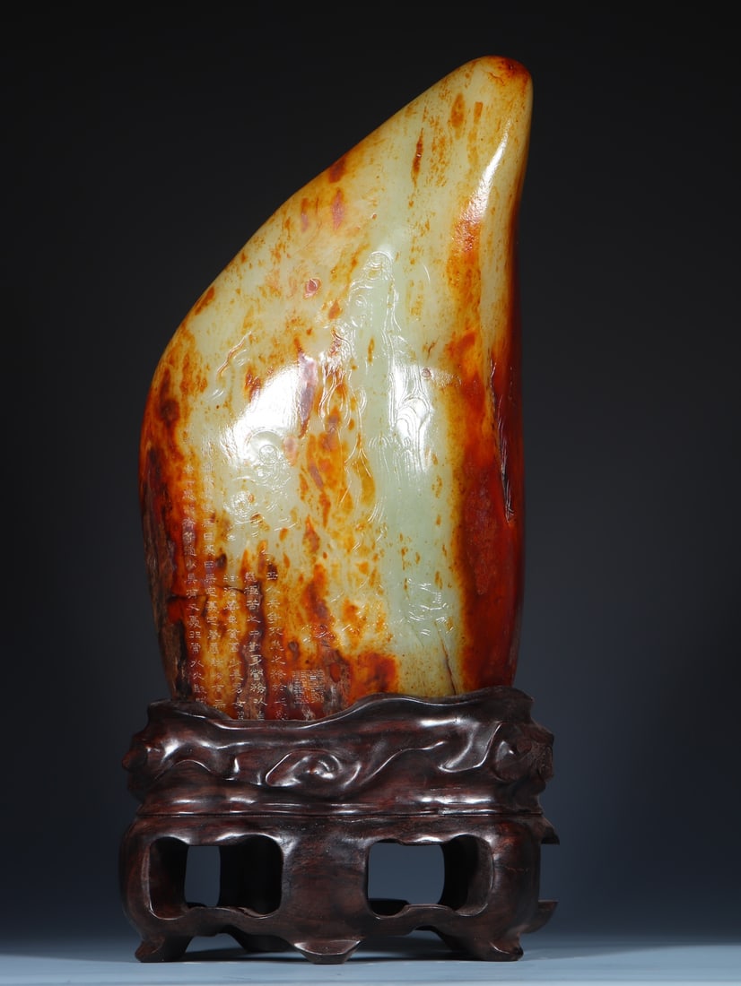 A Rare White Jade Buddha Statue Pattern Ornament,With Poem: A Rare White Jade Buddha Statue Pattern Ornament,With Poem,Qing Dynasty,China,Size:6.7inx4.9inx12.2in白玉佛像纹摆件,带诗文,中国&
