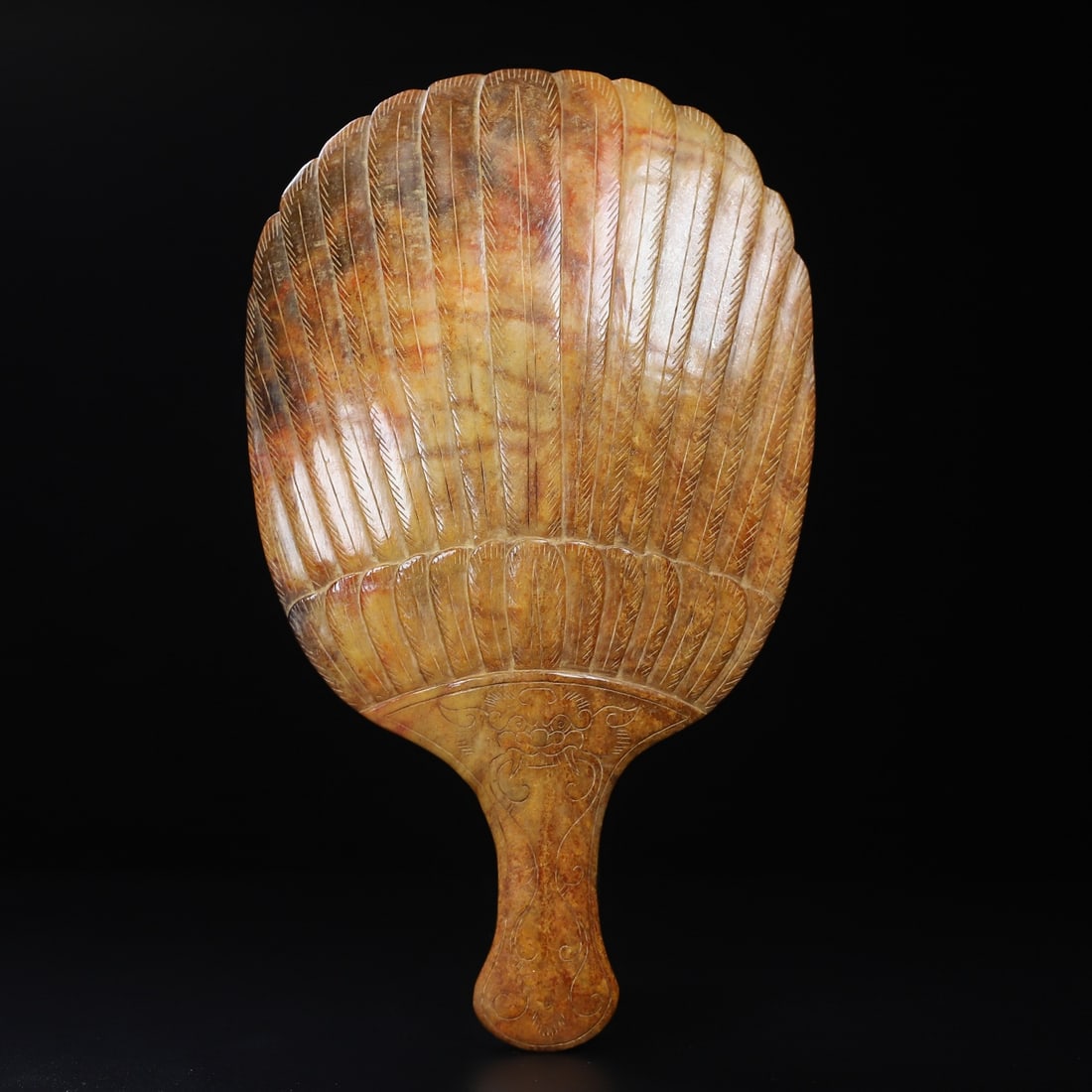 A Rare White Jade Beast-Face Pattern Fan,With Inscription: A Rare White Jade Beast-Face Pattern Fan,With Inscription,Qing Dynasty,China,Size:12.8inx7.5inx0.7in,Weight:915g白玉兽面纹扇子,带铭文,ߑ