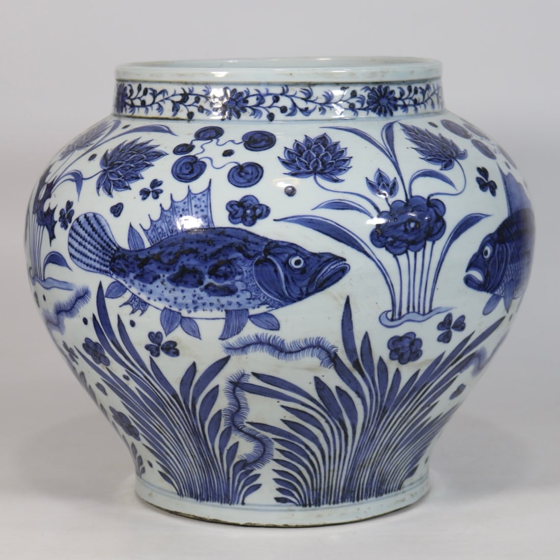 An Exquisite Blue and White Hornwort Pattern Jar: An Exquisite Blue and White Hornwort Pattern Jar,Yuan Dynasty,China,Size:11.5inx8.5in青花鱼藻纹罐,中国元代,Size:29.2cmx21.5cm
