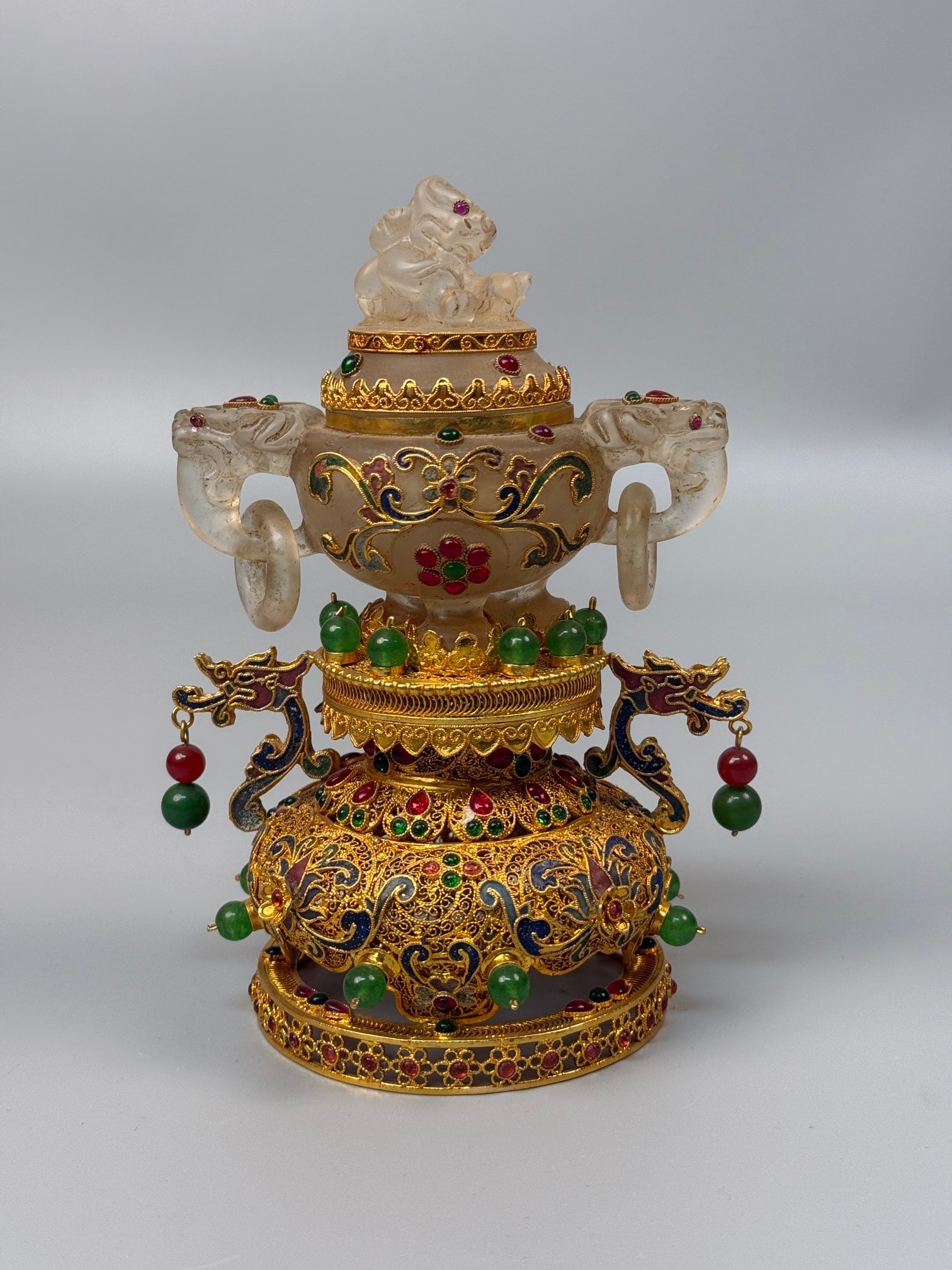 An Exquisite Filigree and Gilding Inlaid Crystal Beast-Ears Censer,Inlaid Gems: An Exquisite Filigree and Gilding Inlaid Crystal Beast-Ears Censer,Inlaid Gems,Qing Dynasty,China,Qianlong Four-character