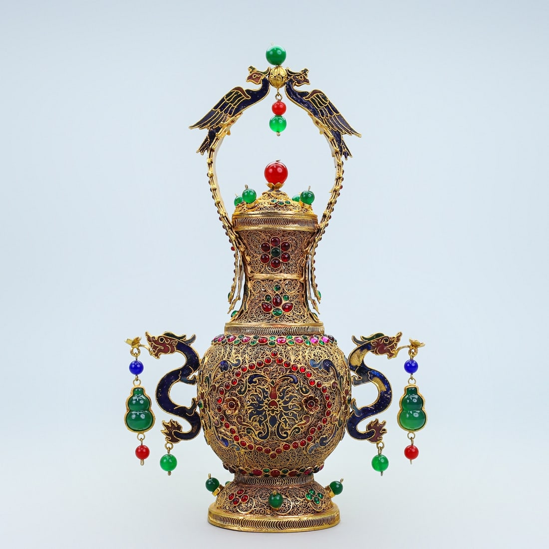 An Exquisite Filigree and Gilding Inlaid Gems Dragon Phoenix-Ears Vase: An Exquisite Filigree and Gilding Inlaid Gems Dragon Phoenix-Ears Vase,Qing Dynasty,China,Qianlong Four-character Mark,Size:11inx6.9in,Weight:.452g花丝鎏金镶宝ĳ