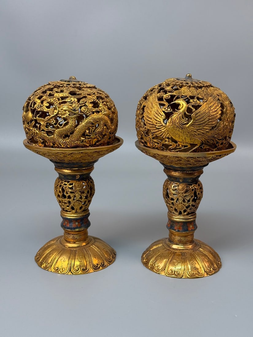 A Pair of Exquisite Gilt Bronze Hollow Dragon and Phoenix Pattern Candlesticks (1 of 10)