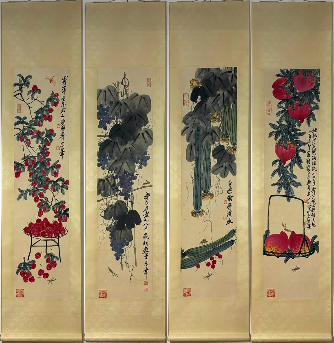 A Set of Chinese Vertical Scroll Ink Painting of Melon and Fruit on Paper,Qi Baishi: A Set of Chinese Vertical Scroll Ink Painting of Melon and Fruit on Paper,Qi Baishi,Size:(Without frame)53.3inx13in*4,(Entirety)77.6inx18.5in*4一套中国水墨瓜&
