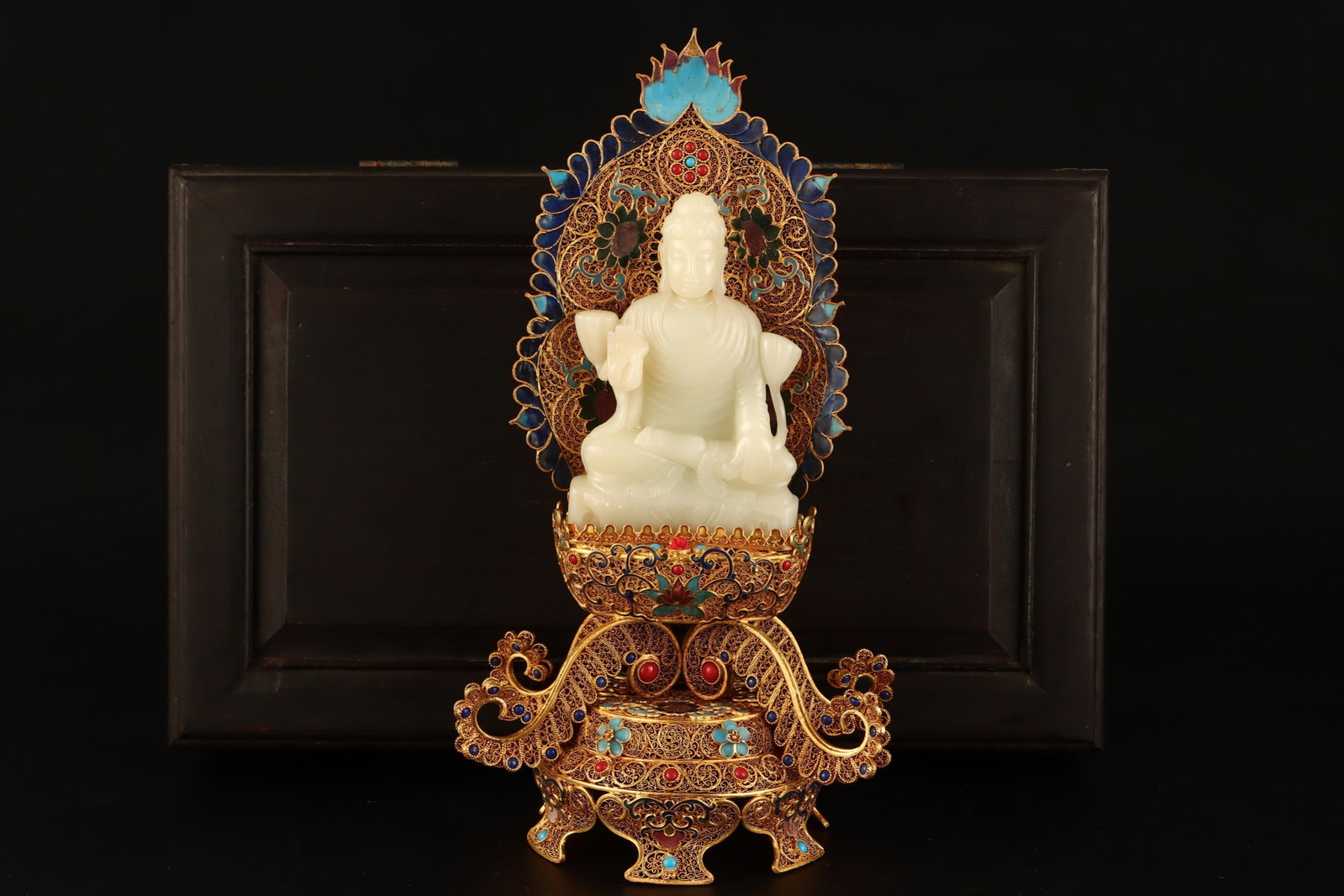 A Rare Filigree and Gilding Inlaid White Jade Buddha Statue Ornament,Inlaid Multi-Gem: A Rare Filigree and Gilding Inlaid White Jade Buddha Statue Ornament,Inlaid Multi-Gem,Qing Dynasty,China,Qianlong Four-character Mark,Size:12.8inx4.9inx6.5in,(Buddha