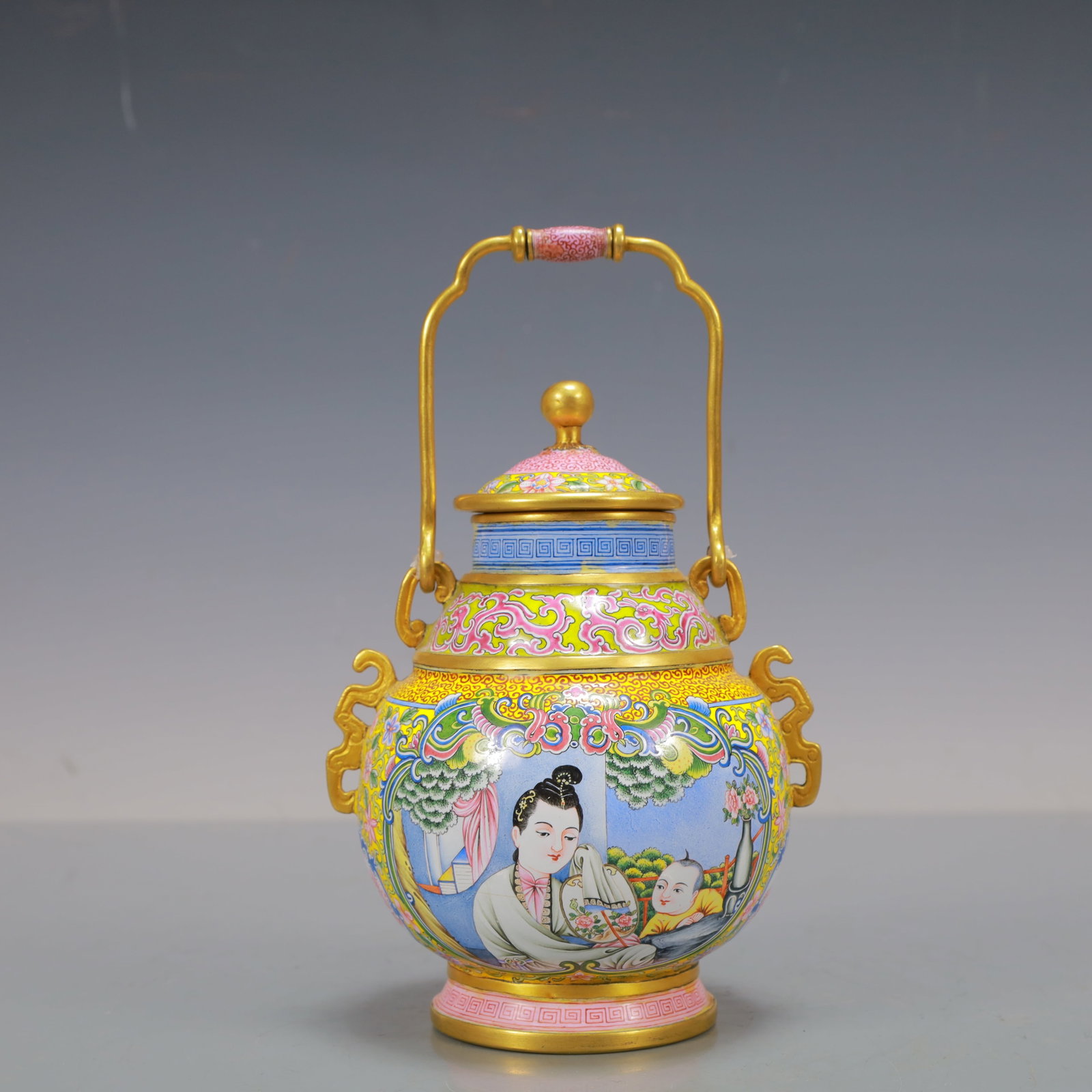 A Exquisite Coppery Enamel Lotus Pattern Character and Story Pattern Ewer: A Exquisite Coppery Enamel Lotus Pattern Character and Story Pattern Ewer Qing Dynasty, China Yongzheng Four-character Mark Size:4.7inx7.9in