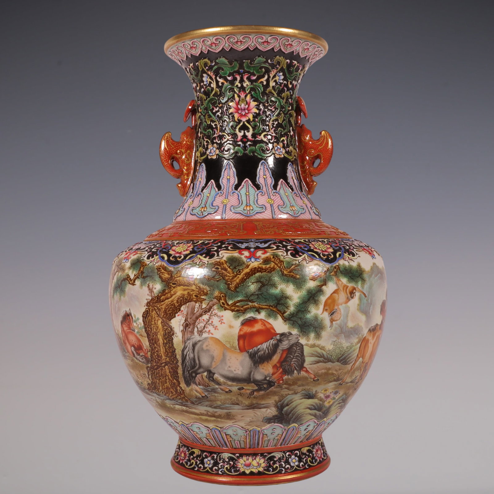 An Exquisite Famille-Rose Painted Gold Lotus Pattern Animal Pattern Double-Ears Vase: An Exquisite Famille-Rose Painted Gold Lotus Pattern Animal Pattern Double-Ears Vase Qing Dynasty, China Qianlong Six-character Mark