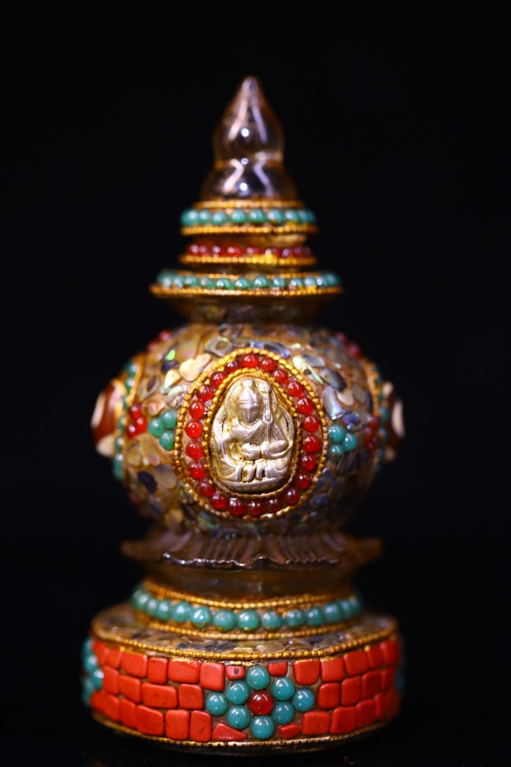 An Exquisite Crystal Inlaid Dzi Bead with Gems Pagoda: An Exquisite Crystal Inlaid Dzi Bead with Gems Pagoda,Qing