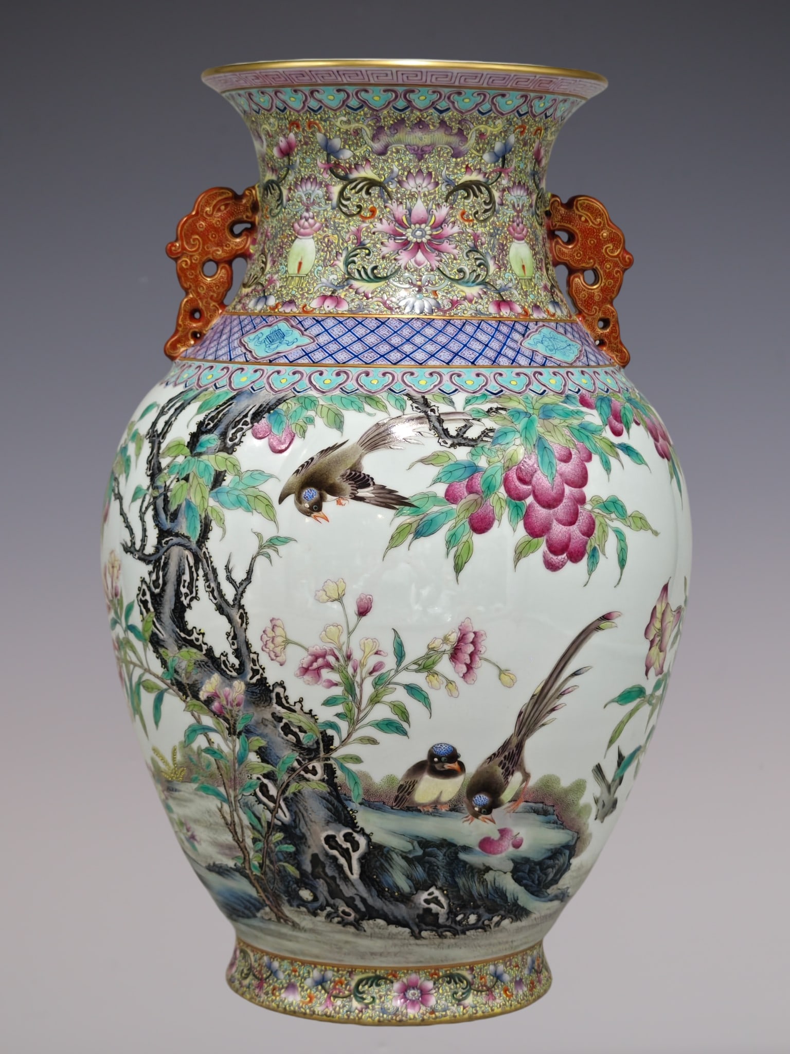 An Exquisite Famille-Rose Bats and Peach Pattern Flower and Bird Pattern with poem Double-Ears Vase: An Exquisite Famille-Rose Bats and Peach Pattern Flower and Bird Pattern with poem Double-Ears Vase Qing Dynasty, China Qianlong Six-character Mark Size:15.4inx10.2in粉彩荔枝&#