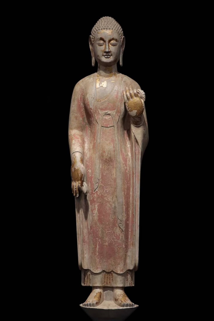 An Exquisite Limestone Painted Color Buddha Statue: An Exquisite Limestone Painted Color Buddha Statue N.Qi , China Size:45.3in青石彩绘贴金佛造像 中国北齐Size:115cm