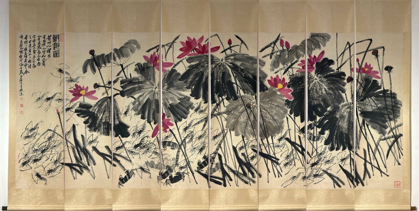 A Set of Chinese Vertical Scroll Ink Painting of Lotus and Shrimp on Paper,Qi Baishi: A Set of Chinese Vertical Scroll Ink Painting of Lotus and Shrimp on Paper,Qi Baishi,Size:(Without frame)56.7inx17.3in*8,(Entirety)75.6inx20.1in*8一套中国水墨ഥ
