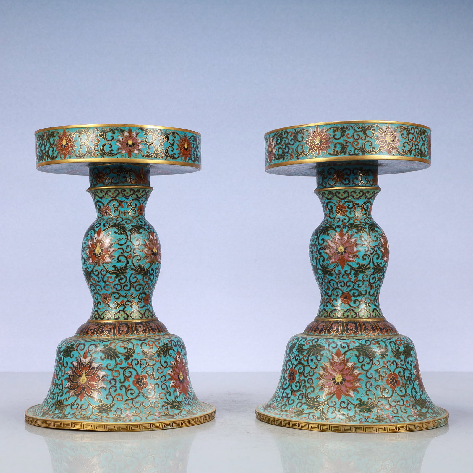A Exquisite A pair of Cloisonne Lotus Pattern Candlestick: A Exquisite A pair of Cloisonne Lotus Pattern Candlestick Qing Dynasty, China Qianlong Four-character Mark Size:7.3inx11in Weight:4650g一对景泰蓝缠枝莲&