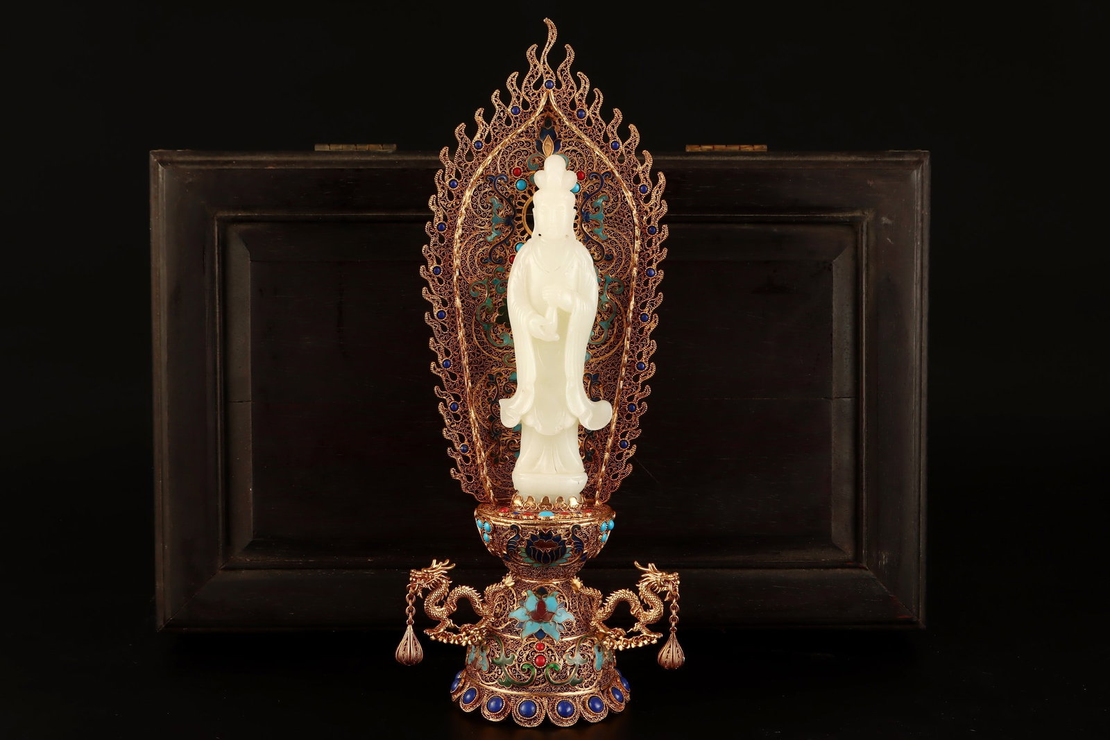 A Rare Filigree and Gilding Inlaid White Jade Statue of Avalokitesvara Ornament,Inlaid Lapis Lazuli: A Rare Filigree and Gilding Inlaid White Jade Statue of Avalokitesvara Ornament,Inlaid Lapis Lazuli and Turquoise,Qing Dynasty,China,Qianlong Four-character Mark,Size:13inx5.1inx4.5in,(Buddha Statue)6