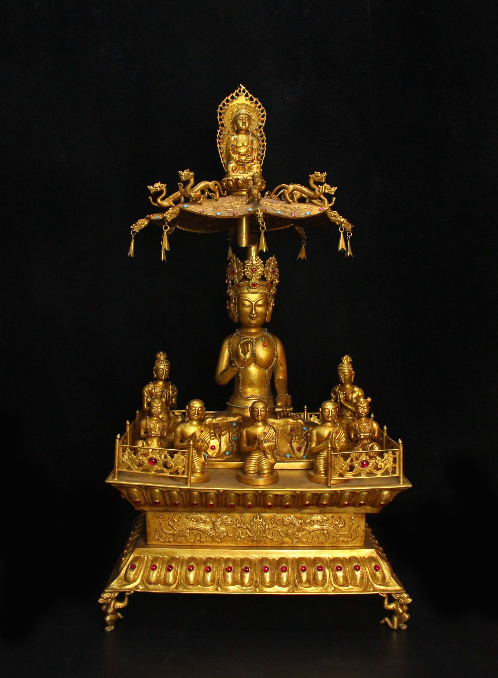 A Huge Gilding Inlaid Gems Pagoda,Inlaid Turquoise: A Huge Gilt Bronze Inlaid Gems Pagoda,Inlaid Turquoise,Qing Dynasty,China,Size:16.3inx13.4inx30.3in,Weight:18585g铜鎏金镶宝石佛塔,嵌绿ਖ਼