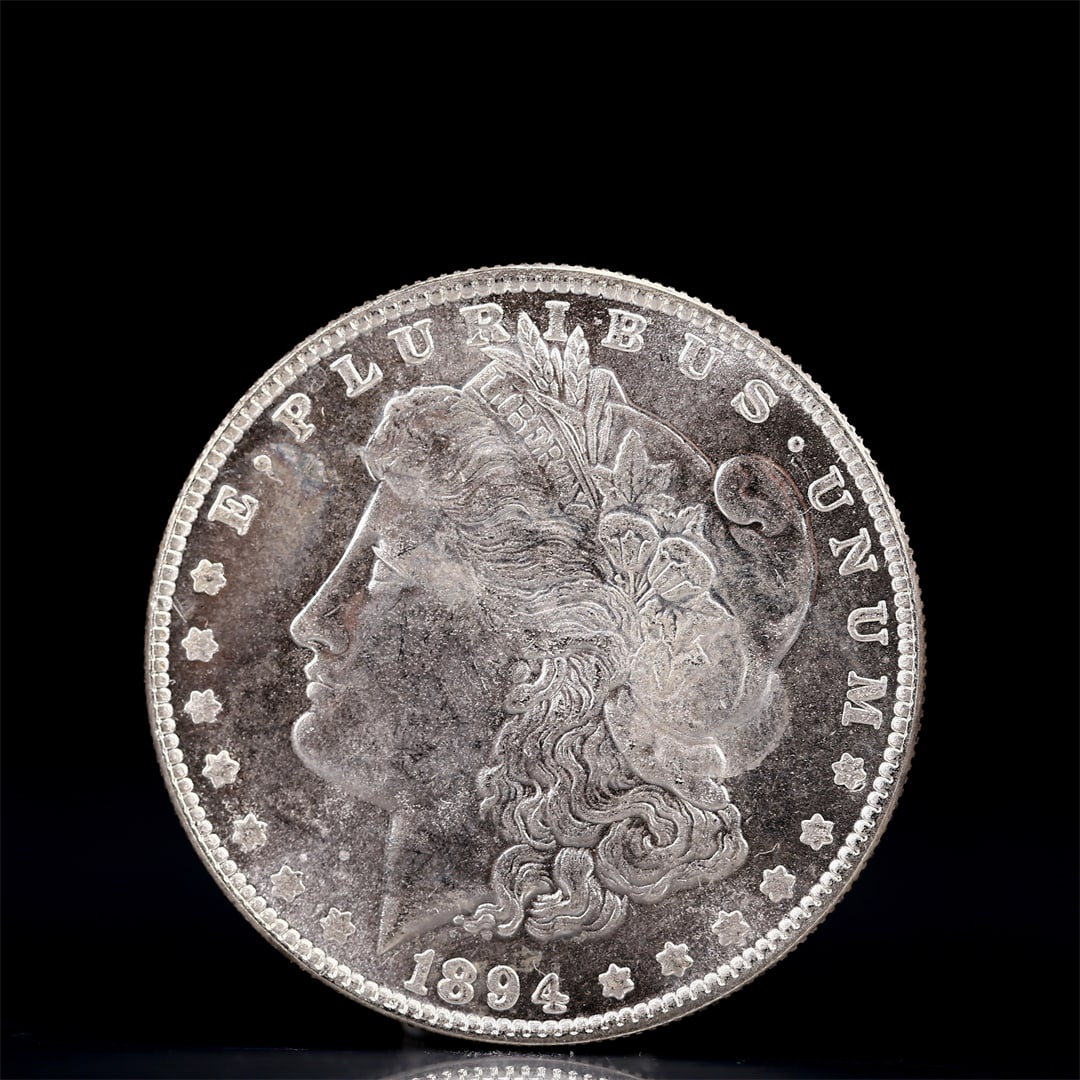 USA Morgan Dollar 1894 Coin: Obv: profile bust with date below and E PLURIBUS UNUM legend and stars around. Rev: eagle with In God we trust above within wreath with UNITED STATES OF AMERICA ONE DOLLAR legend. IN GOD WE TRUST / LI