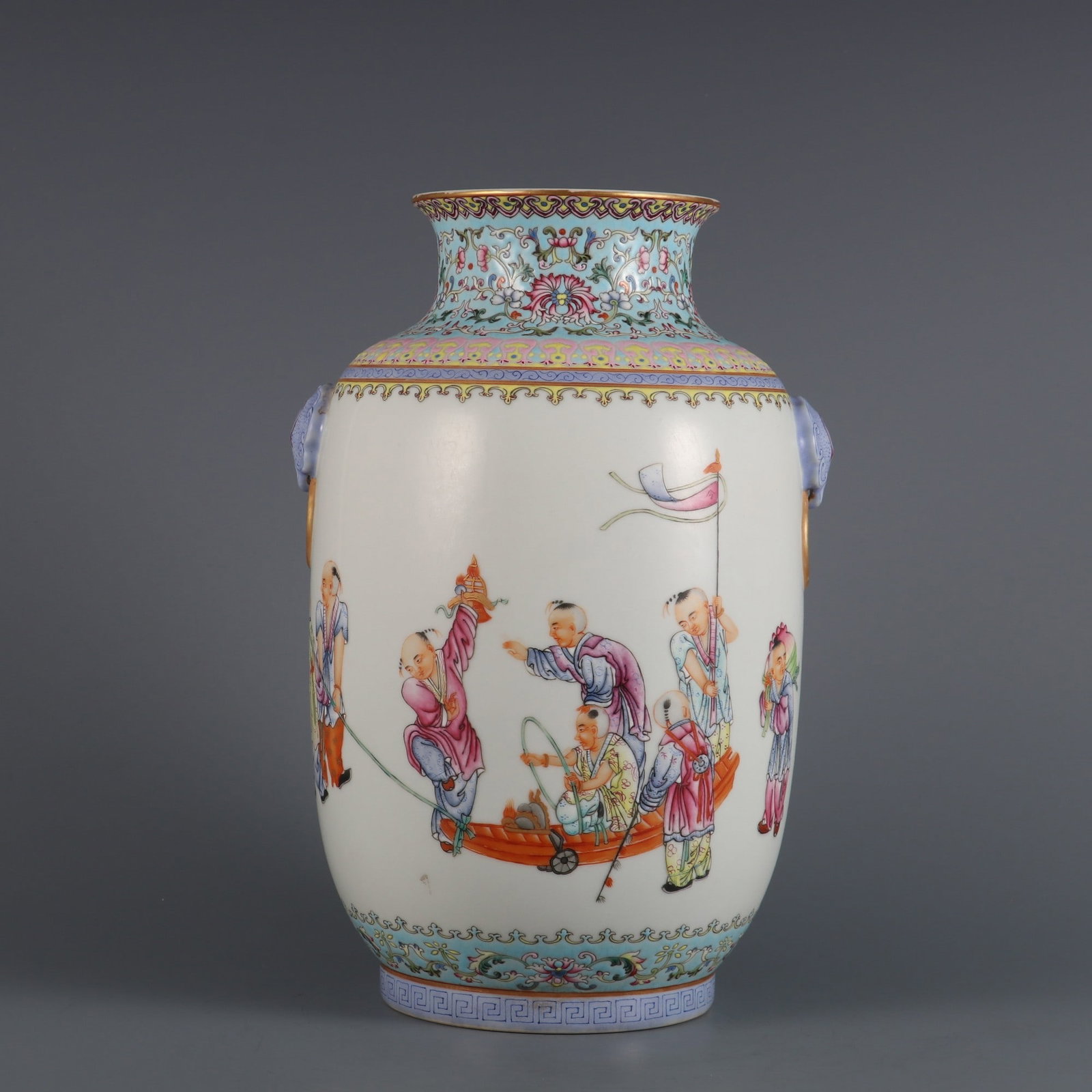 An Exquisite Famille-Rose Lotus Pattern Character and Story Pattern Double-Ears Vase: An Exquisite Famille-Rose Lotus Pattern Character and Story Pattern Double-Ears Vase Qing Dynasty, China Size:10.2inx5.9in粉彩缠枝莲纹人物故ߚ